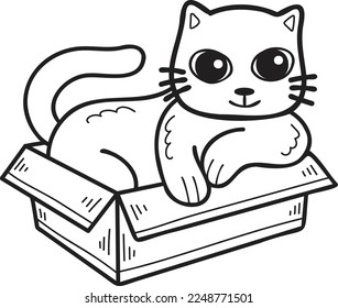 Dibujar el gato con mano en la ilustración de la caja en el estilo de doodle aislado en el fondo