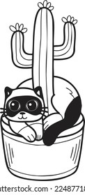 Hand Drawn cat and cactus illustration in doodle style isolated on background