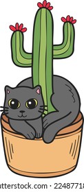 Ilustración del gato y el cactus dibujados a mano en forma de doodle aislados en el fondo