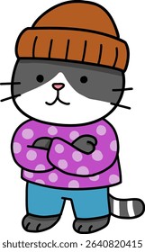 Gato desenhado à mão e Doodle de carreira, gato de desenho animado bonito vestindo um gorro e suéter com bolinhas.