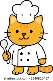 Hand drawn Cat and Career Doodle, Cute cartoon cat dressed as a chef holding a spoon.