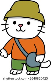 Hand drawn Cat and Career Doodle, Cute cartoon cat in casual outfit with hat and bag.