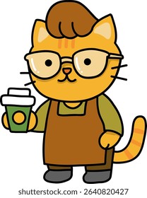 Gato desenhado à mão e Desenho de Carreira Doodle, Cartoon gato barista segurando uma xícara de café em um avental.