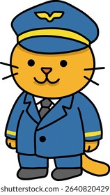Gato desenhado à mão e Doodle de carreira, Gato de desenhos animados vestido como um piloto de uniforme e chapéu.