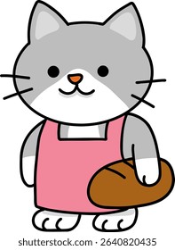 Hand drawn Cat and Career Doodle, Cartoon cat wearing an apron and holding a loaf of bread.