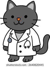 Hand drawn Cat and Career Doodle, Cartoon cat dressed as a doctor in a lab coat.