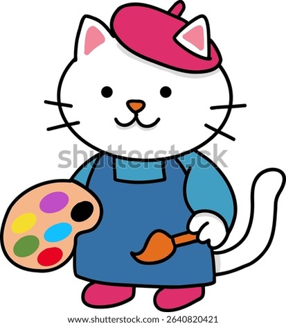 Hand drawn Cat and Career Doodle, Cute cartoon cat artist holding a palette and brush.