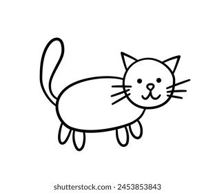 Gato dibujado a mano. Niños gatito en estilo garabato. Dibujo de línea de garabatos para niños. Pintura de gato divertido bebé. Ilustración vectorial aislada sobre fondo blanco.