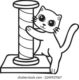 Hand Drawn cat with cat climbing pole illustration in doodle style isolated on background