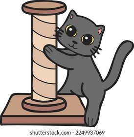 Hand Drawn cat with cat climbing pole illustration in doodle style isolated on background