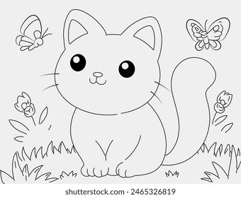 Hand drawn cat Coloring Page Vector Illustration. Kids Coloring Pages, Cute Cat Coloring Pages, Cat Character