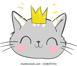 Hand drawn cat in the crown isolated on a white background. Cartoon character vector illustration. Childish design print on t-shirt.