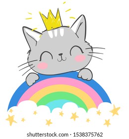 Hand drawn cat in the crown isolated on a white background. Cartoon character vector illustration. Childish design print on t-shirt.