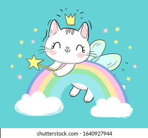 Hand drawn cat in the crown on the rainbow. Cartoon character vector illustration. Childish design print on t-shirt.