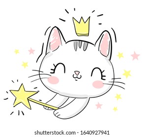 Hand drawn cat in the crown and wand. Cartoon character vector illustration. Childish design print on t-shirt.