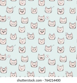 Hand drawn cat cute faces pattern background seamless