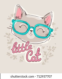 Hand drawn cat, cute cat sketch vector illustration, print design, children print on t-shirt girl. hand drawn cat with glasses
