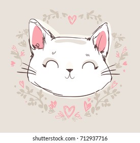 Hand drawn cat, cute cat sketch vector illustration, print design, children print on t-shirt girl, frame flowers