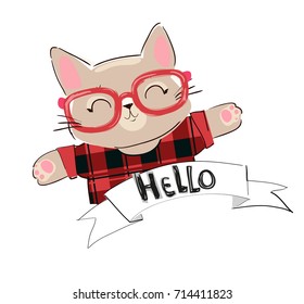 Hand drawn cat, cute cat sketch vector illustration, print design, children print on t-shirt girl. hand drawn cat with glasses