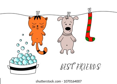 Hand drawn cat and dogs. Cat and dog grooming. Can be used for child card, print, cartoon character, pet shop.