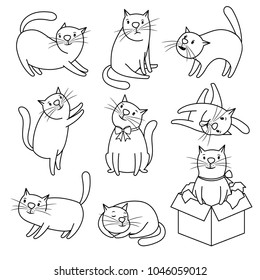 Hand drawn cat. Doodle cats isolated on white background, funny and happy cartoon kitty character vector sketch