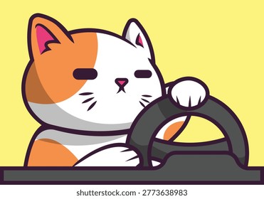 Hand drawn of cat driving car. Cute cat holding steering wheel. Vector illustration.