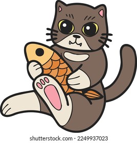 Hand Drawn cat eating fish illustration in doodle style isolated on background