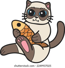 Hand Drawn cat eating fish illustration in doodle style isolated on background