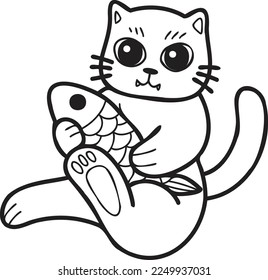 Dibujo del gato Hand Drawn del gato comiendo peces al estilo de doodle aislado en segundo plano