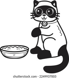 Hand Drawn cat eating food illustration in doodle style isolated on background