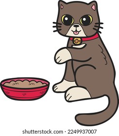 Hand Drawn cat eating food illustration in doodle style isolated on background