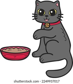Hand Drawn cat eating food illustration in doodle style isolated on background