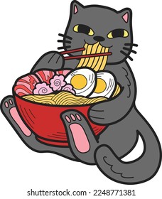 Hand Drawn cat eating noodles illustration in doodle style isolated on background