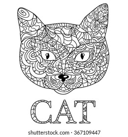 Hand drawn cat face . Isolated on white. anti stress Coloring Page Vector monochrome sketch.