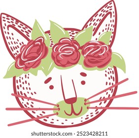 Hand Drawn cat face with roses