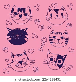 Hand drawn cat faces set with words. Cute doodle vector animal heads on pink. Trendy vector illustration drawing with a tablet. Hand drawn, freehand EPS