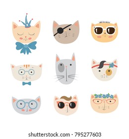 Hand drawn cat faces set. Cute doodle vector animal heads
