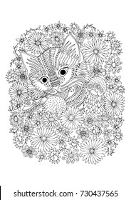 Hand drawn cat in flowers. Sketch for anti-stress adult coloring book in zen-tangle style. Vector illustration for coloring page or for t-shirt design.