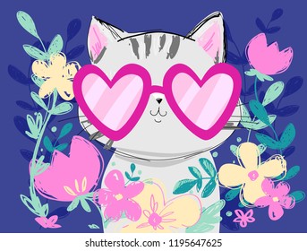 Hand Drawn Cat in glasses vector illustration. Design Print for T-shirt