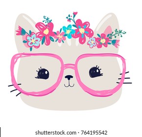 Hand Drawn Cat in glasses and wreath flowers. Vector Illustration