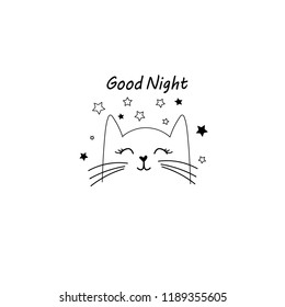 hand drawn cat with good night inscription