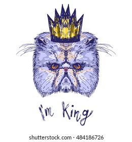 Hand drawn cat head with crown and words I'm King, vector illustration