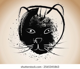 hand drawn cat head with paint brush strokes, black grunge animal head, hand-drawn illustration of a stylized cat face,cat head silhouette vector art. eps8