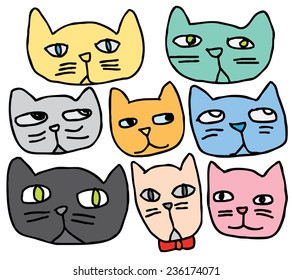Hand Drawn Cat Heads Characters