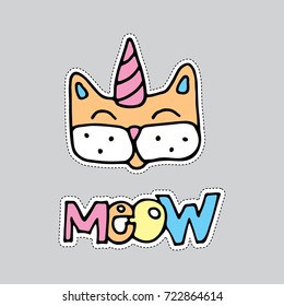 hand drawn cat illustration saying meow. Perfect for pin badges, stickers or patches