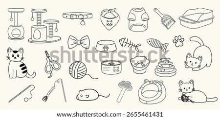 Hand drawn cat illustrations. Cute doodle icons of kittens, scratching posts, toys, collars, grooming tools and accessories. Vector pet care elements for pet shops, packaging, and cat-themed designs.