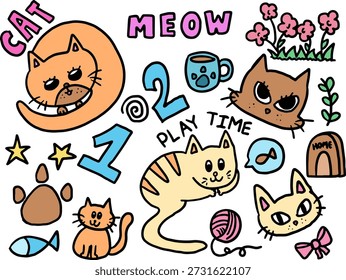 Handgezeichnete Katzenillustrationen mit Blumen, Pfote, Katzenhaus, Becher, Katzenspielzeug, MEOW-Brief zur Dekoration, Kätzchen-Cartoon, Figuren, Comic, Malbuch, Kunst, Skizze, Aufkleber, Tattoo, Haustier, Tierarzt, Tier
