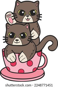 Hand Drawn cat or kitten with coffee mug illustration in doodle style isolated on background