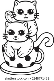 Hand Drawn cat or kitten with coffee mug illustration in doodle style isolated on background