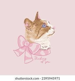 HAND DRAWN CAT KITTEN CUTE ANIMAL PET FLUFFY SWEET RIBBON BOW GIRLY PAINTED BRUSH STROKE VINTAGE HEAD GREETING CARD TSHIRT TEE PRINT FOR APPAREL MERCHANDISE